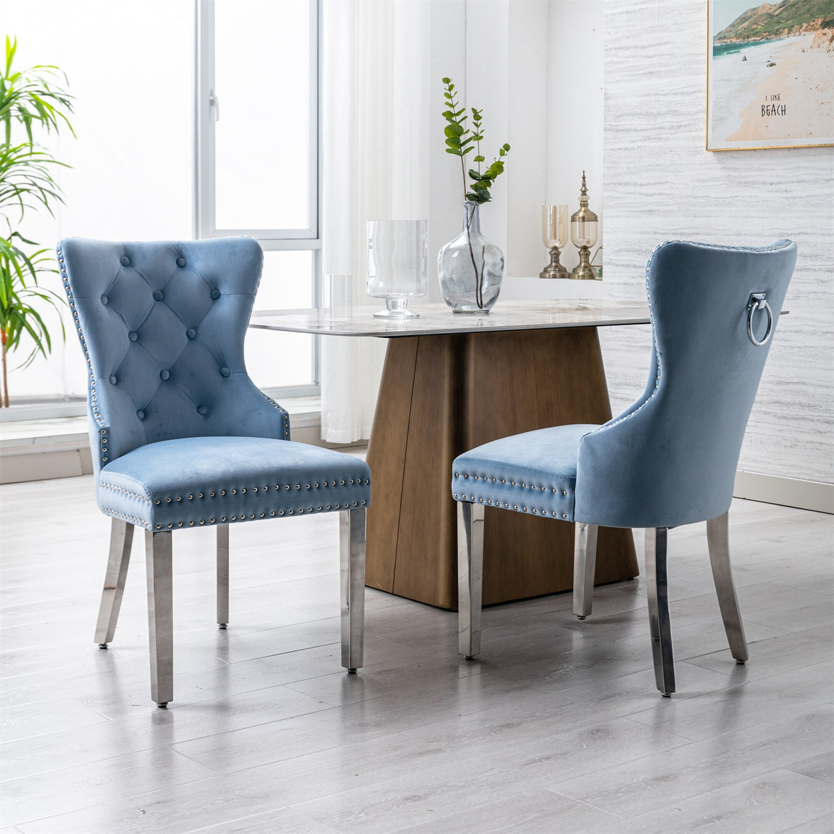 Velvet Upholstered Dining Chairs (Set of 2) with Stainless Steel Legs