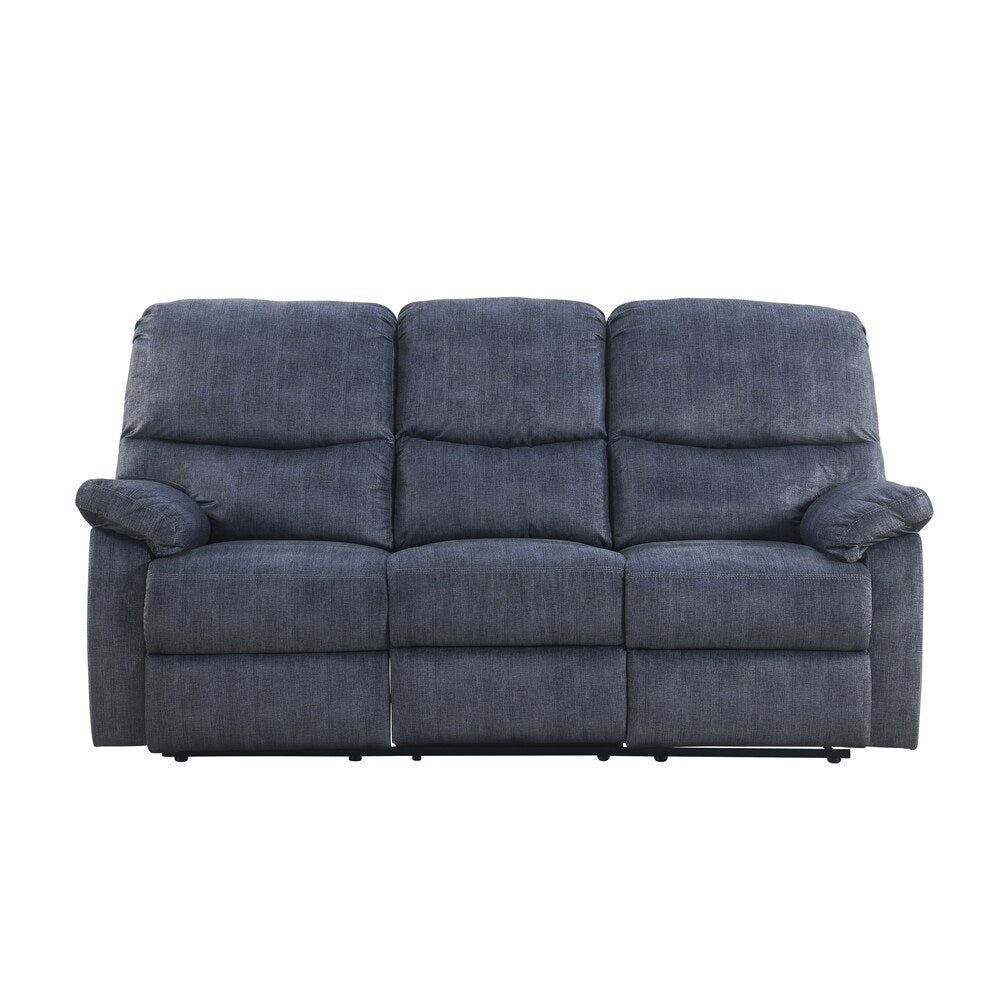 Velvet Upholstered Double Reclining Wooden Sofa with External Latch Pull Handle, Blue