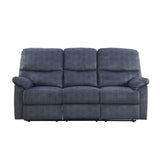 Velvet Upholstered Double Reclining Wooden Sofa with External Latch Pull Handle, Blue