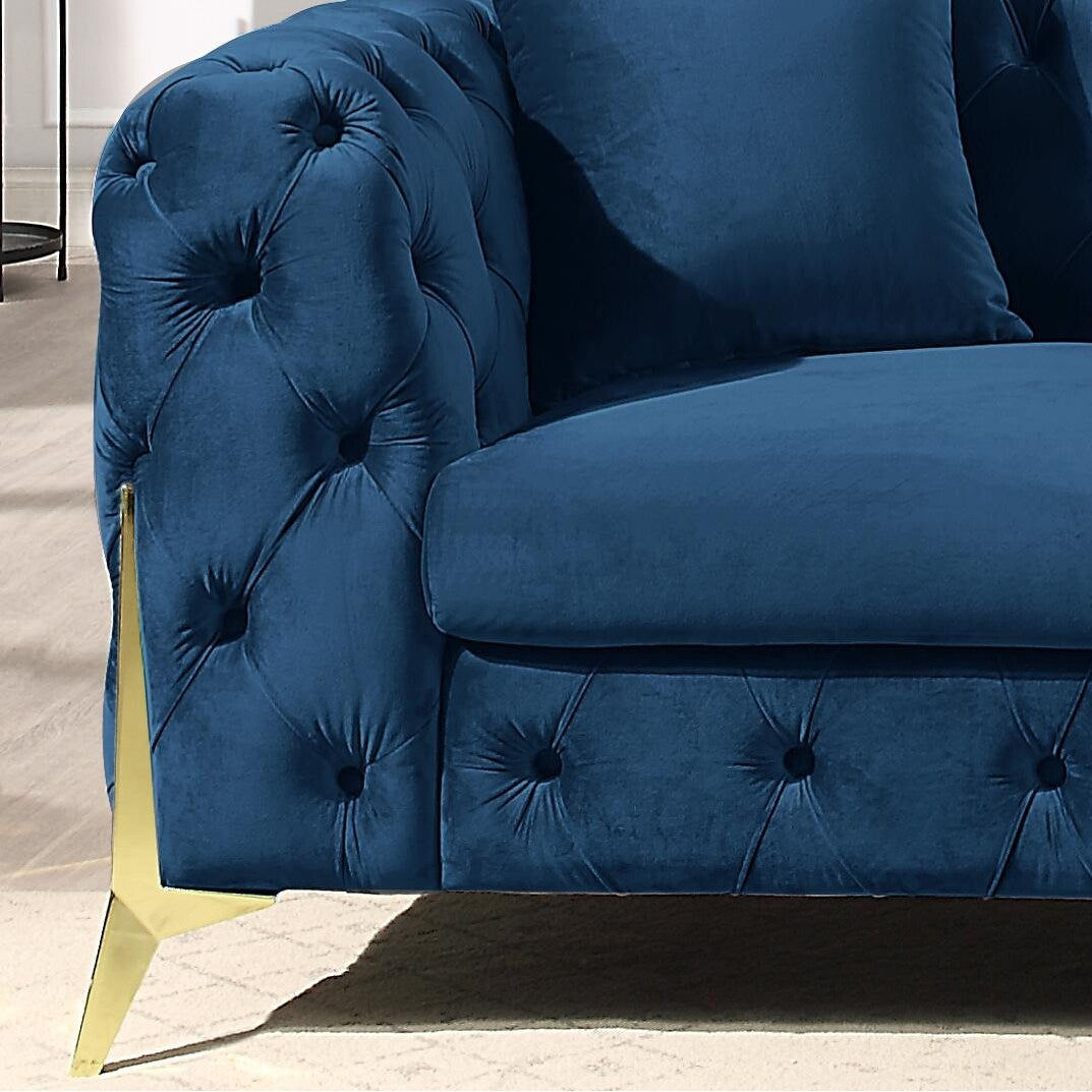Velvet Upholstered Loveseat Sofa Modern Living Room Tuxedo Arms Sofa with Buttoned Tufted Backrest and Golden Metal Legs