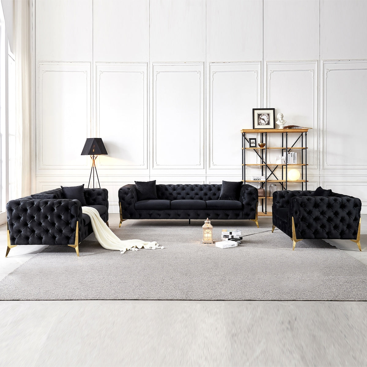 Velvet Upholstered Loveseat Sofa Modern Living Room Tuxedo Arms Sofa with Buttoned Tufted Backrest and Golden Metal Legs