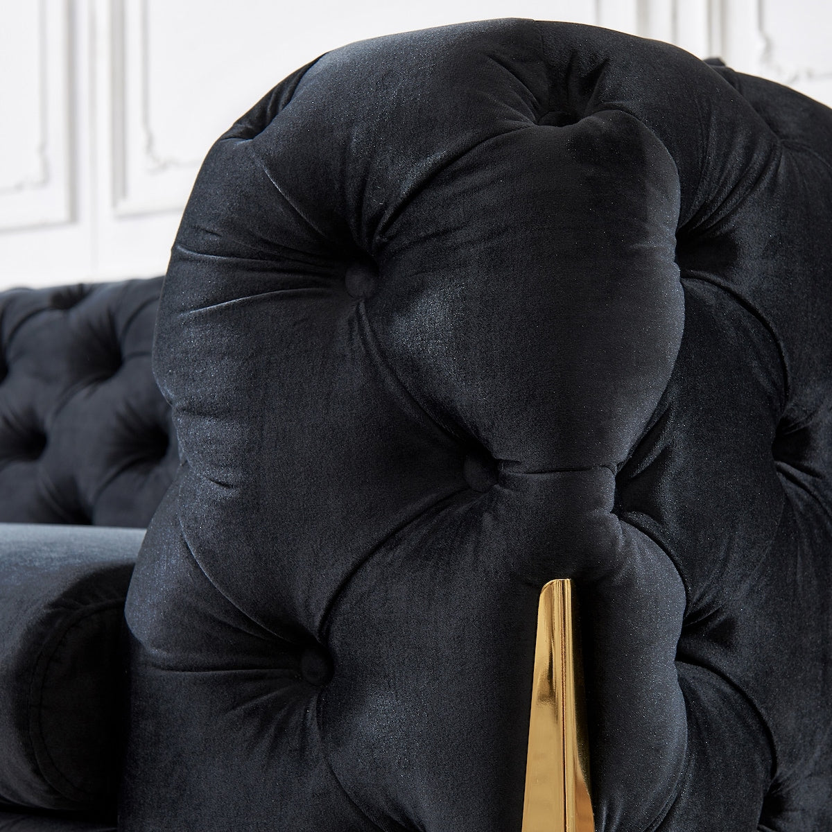 Velvet Upholstered Loveseat Sofa Modern Living Room Tuxedo Arms Sofa with Buttoned Tufted Backrest and Golden Metal Legs