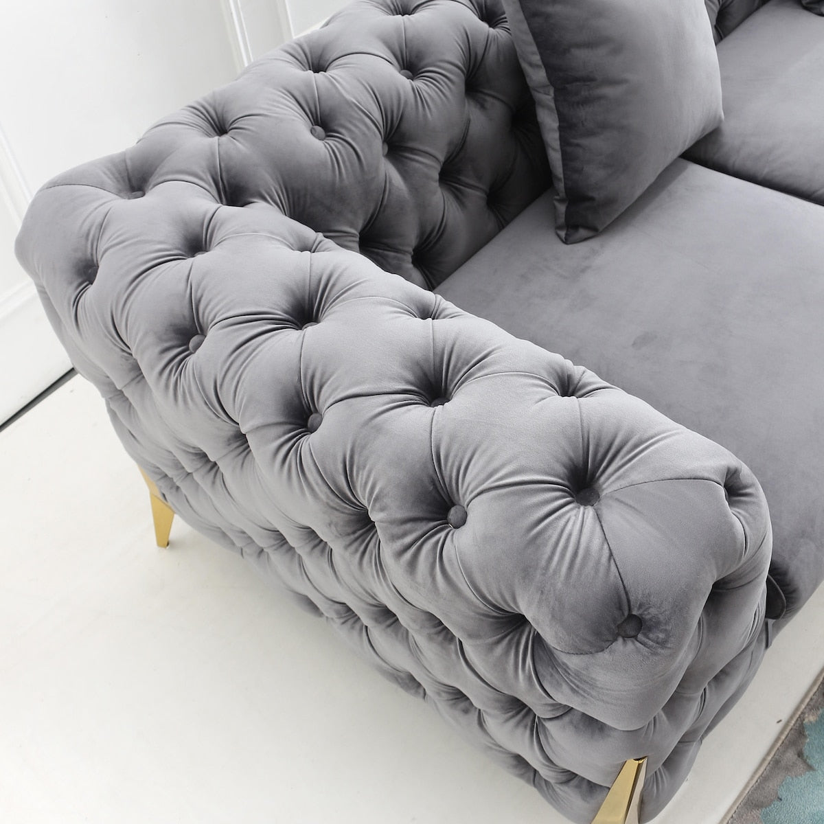 Velvet Upholstered Loveseat Sofa Modern Living Room Tuxedo Arms Sofa with Buttoned Tufted Backrest and Golden Metal Legs
