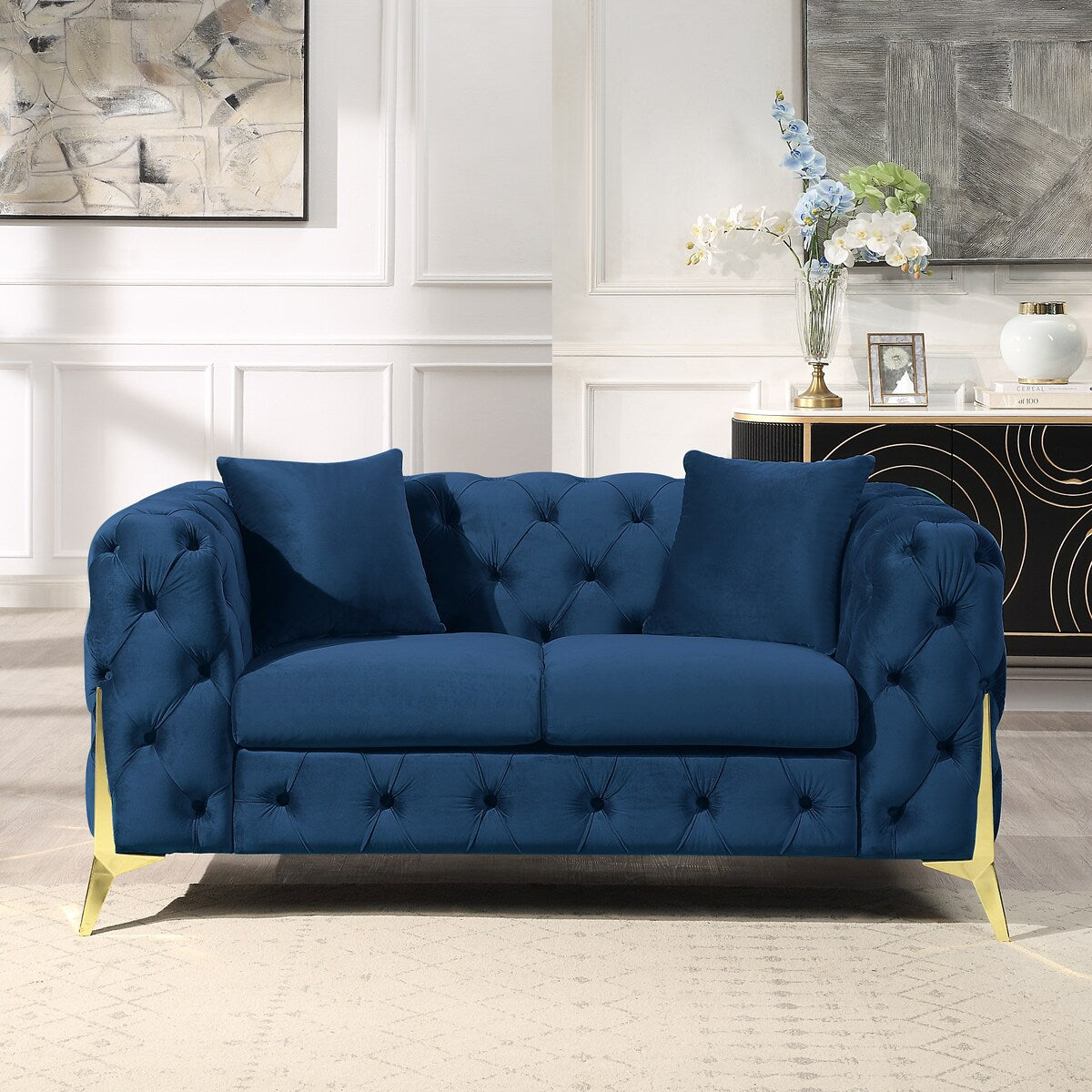 Velvet Upholstered Loveseat Sofa Modern Living Room Tuxedo Arms Sofa with Buttoned Tufted Backrest and Golden Metal Legs