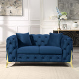 Velvet Upholstered Loveseat Sofa Modern Living Room Tuxedo Arms Sofa with Buttoned Tufted Backrest and Golden Metal Legs
