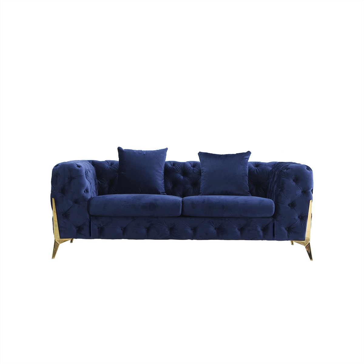 Velvet Upholstered Loveseat Sofa Modern Living Room Tuxedo Arms Sofa with Buttoned Tufted Backrest and Golden Metal Legs
