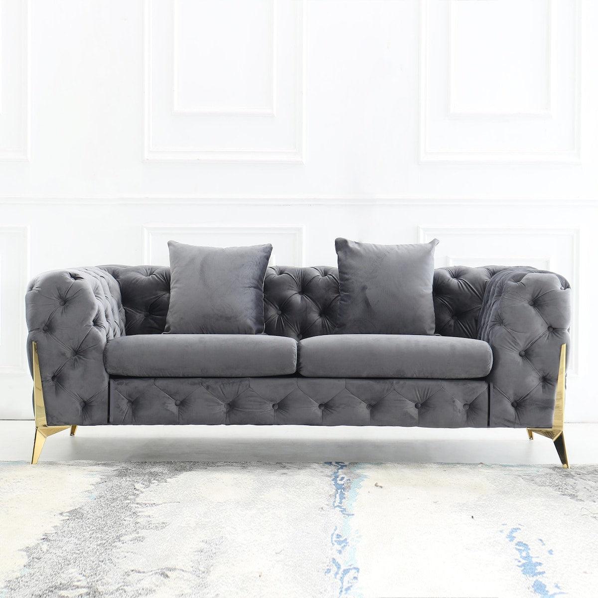 Velvet Upholstered Loveseat Sofa Modern Living Room Tuxedo Arms Sofa with Buttoned Tufted Backrest and Golden Metal Legs