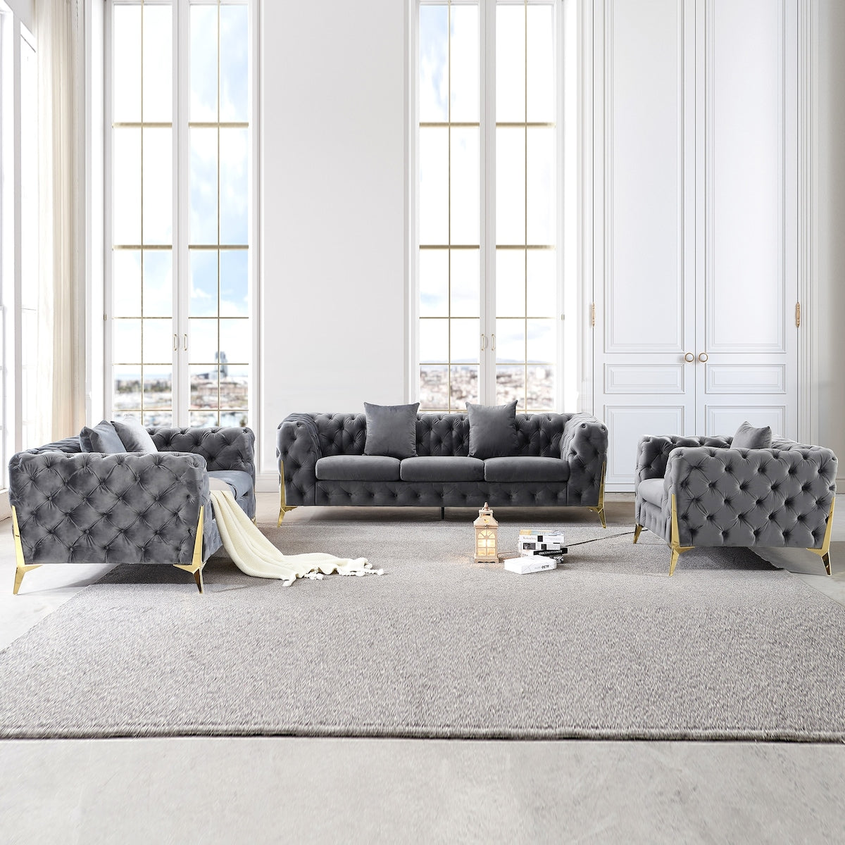 Velvet Upholstered Loveseat Sofa Modern Living Room Tuxedo Arms Sofa with Buttoned Tufted Backrest and Golden Metal Legs