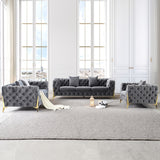 Velvet Upholstered Loveseat Sofa Modern Living Room Tuxedo Arms Sofa with Buttoned Tufted Backrest and Golden Metal Legs