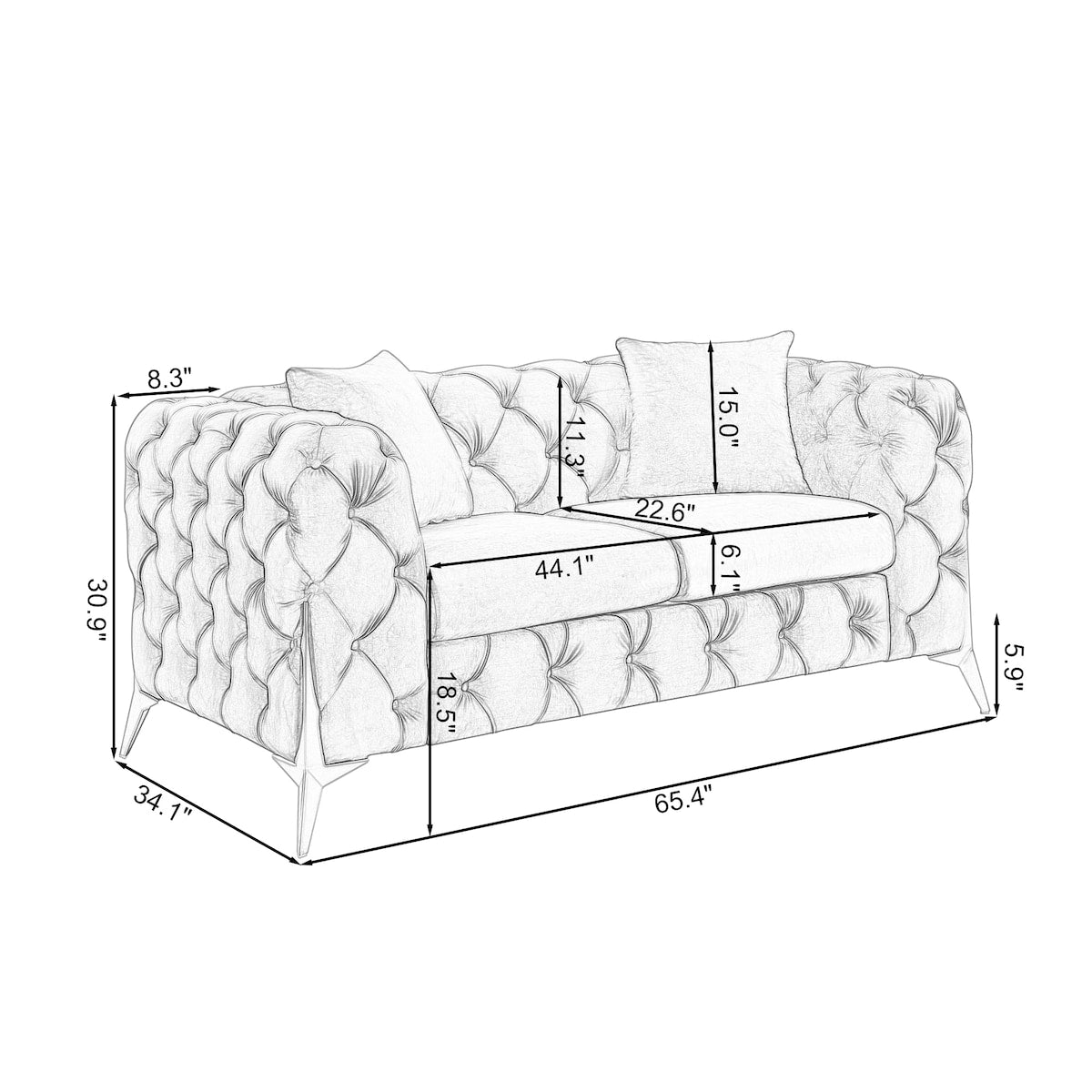 Velvet Upholstered Loveseat Sofa Modern Living Room Tuxedo Arms Sofa with Buttoned Tufted Backrest and Golden Metal Legs