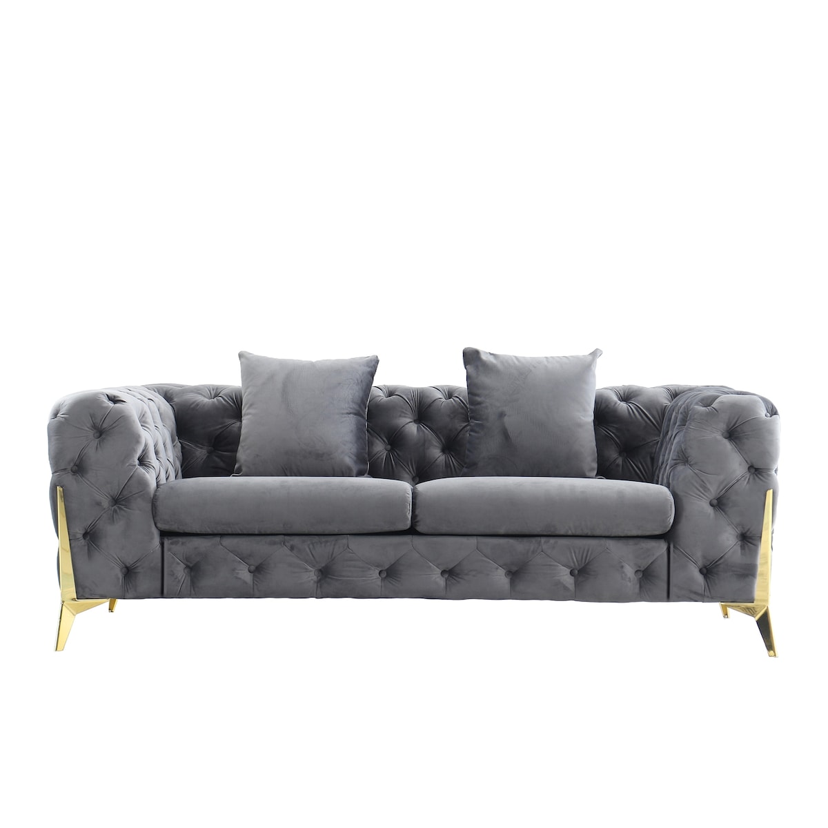 Velvet Upholstered Loveseat Sofa Modern Living Room Tuxedo Arms Sofa with Buttoned Tufted Backrest and Golden Metal Legs