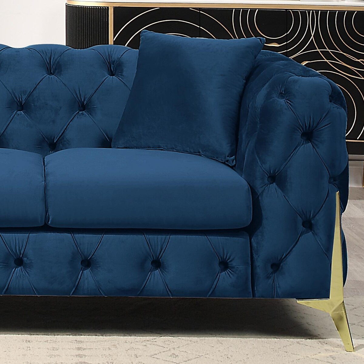 Velvet Upholstered Loveseat Sofa Modern Living Room Tuxedo Arms Sofa with Buttoned Tufted Backrest and Golden Metal Legs