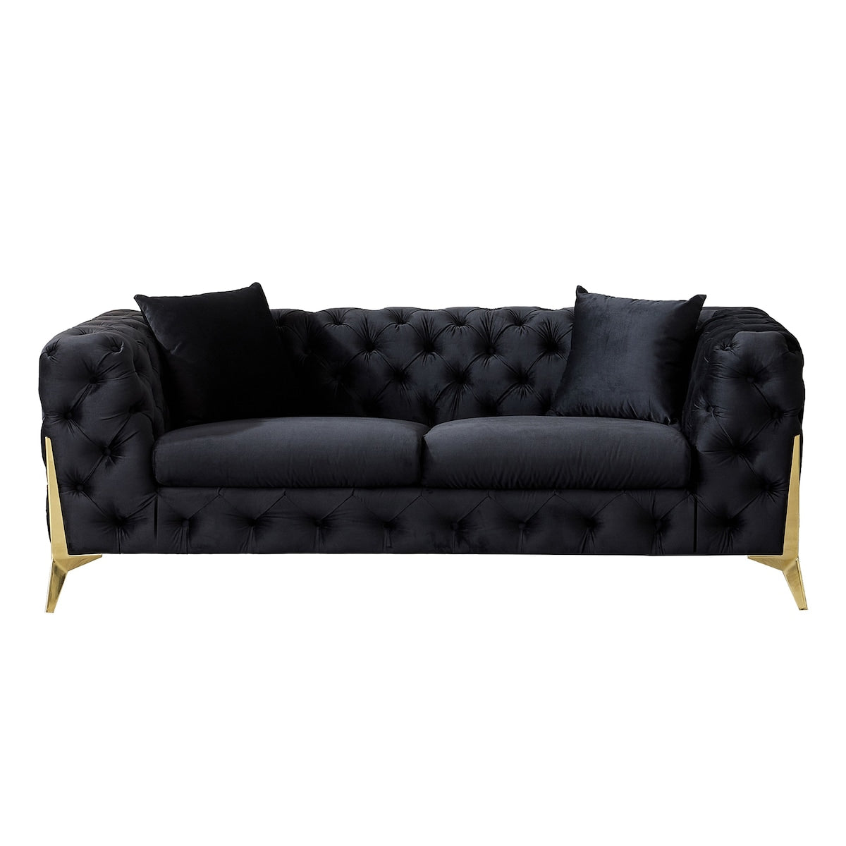 Velvet Upholstered Loveseat Sofa Modern Living Room Tuxedo Arms Sofa with Buttoned Tufted Backrest and Golden Metal Legs