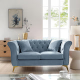 Velvet Upholstered Loveseat Sofa, Living Room Tufted and Wrinkled Fabric Chesterfield Sofa with Scroll Arm & Scroll Back
