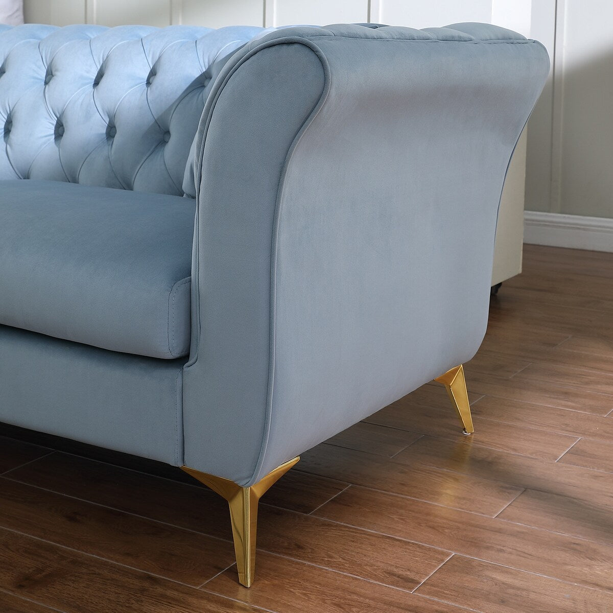 Velvet Upholstered Loveseat Sofa, Living Room Tufted and Wrinkled Fabric Chesterfield Sofa with Scroll Arm & Scroll Back