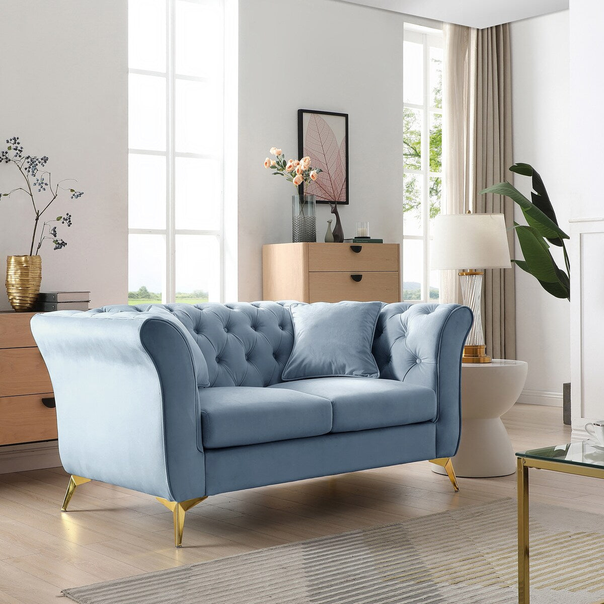 Velvet Upholstered Loveseat Sofa, Living Room Tufted and Wrinkled Fabric Chesterfield Sofa with Scroll Arm & Scroll Back