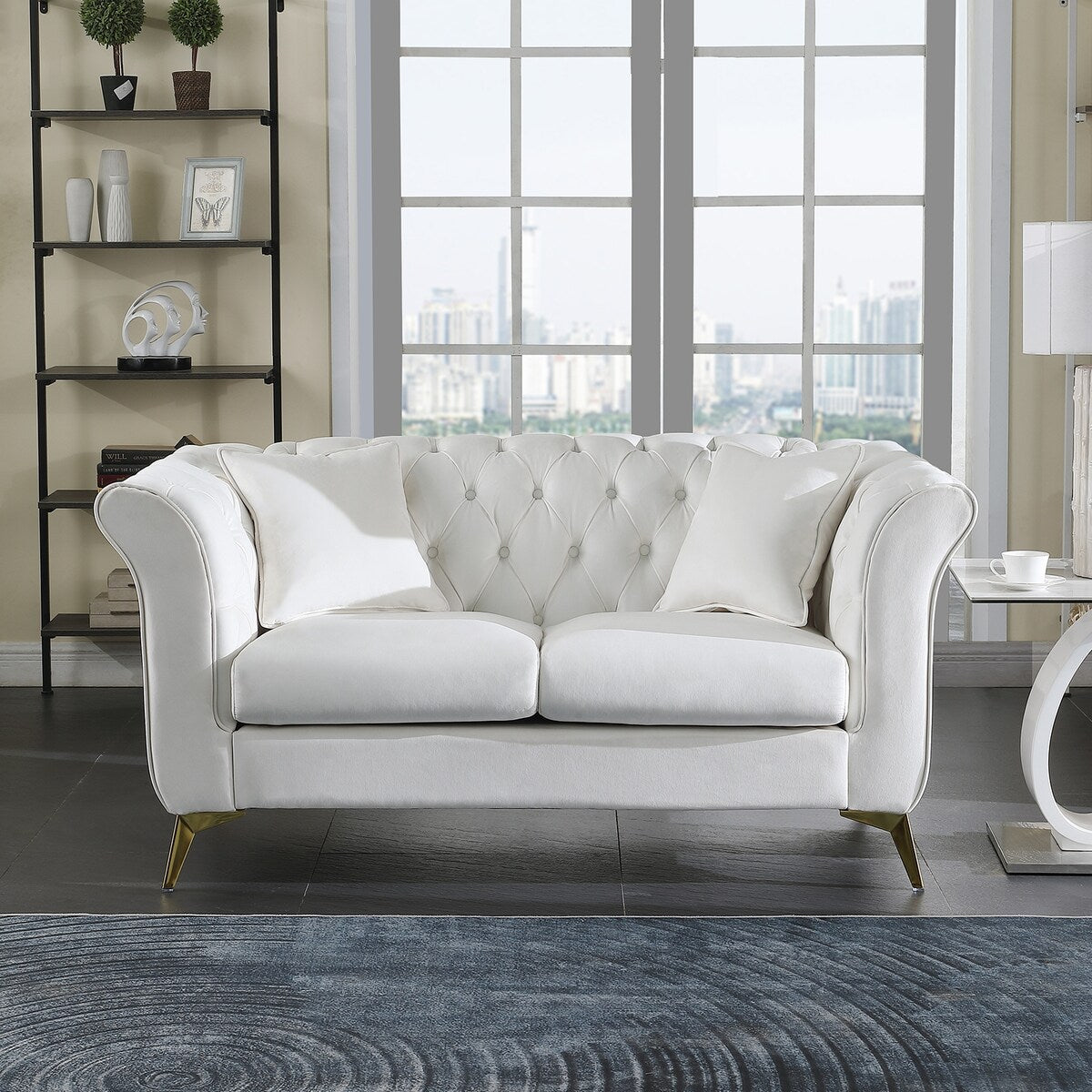 Velvet Upholstered Loveseat Sofa, Living Room Tufted and Wrinkled Fabric Chesterfield Sofa with Scroll Arm & Scroll Back