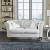 Velvet Upholstered Loveseat Sofa, Living Room Tufted and Wrinkled Fabric Chesterfield Sofa with Scroll Arm & Scroll Back
