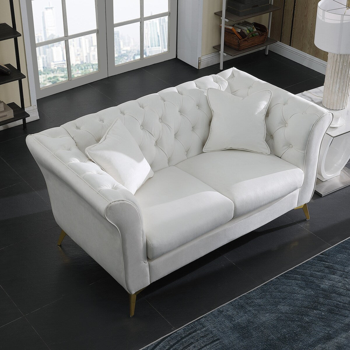 Velvet Upholstered Loveseat Sofa, Living Room Tufted and Wrinkled Fabric Chesterfield Sofa with Scroll Arm & Scroll Back