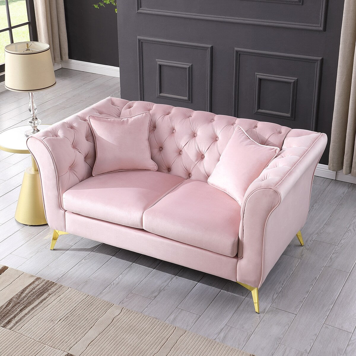 Velvet Upholstered Loveseat Sofa, Living Room Tufted and Wrinkled Fabric Chesterfield Sofa with Scroll Arm & Scroll Back