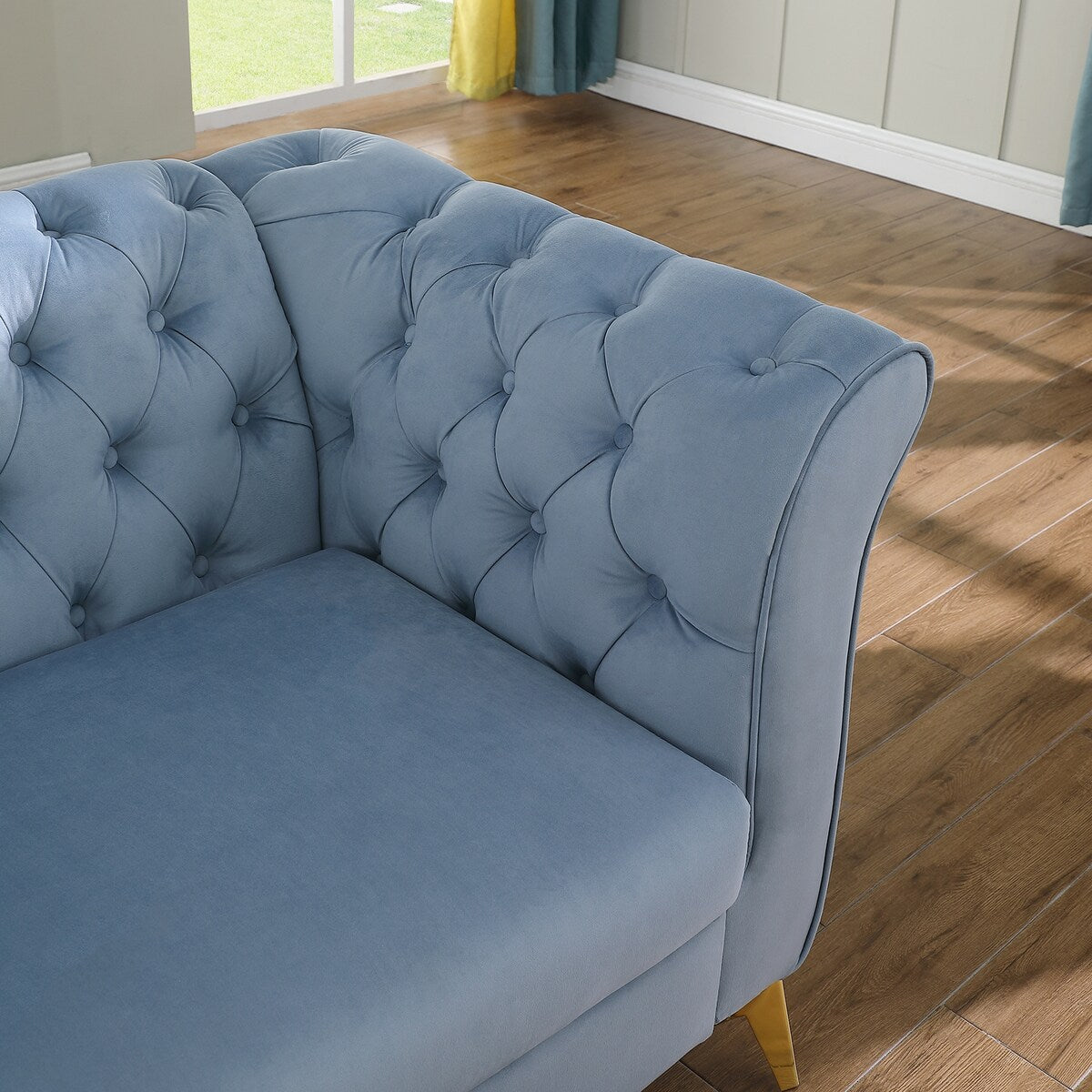 Velvet Upholstered Loveseat Sofa, Living Room Tufted and Wrinkled Fabric Chesterfield Sofa with Scroll Arm & Scroll Back