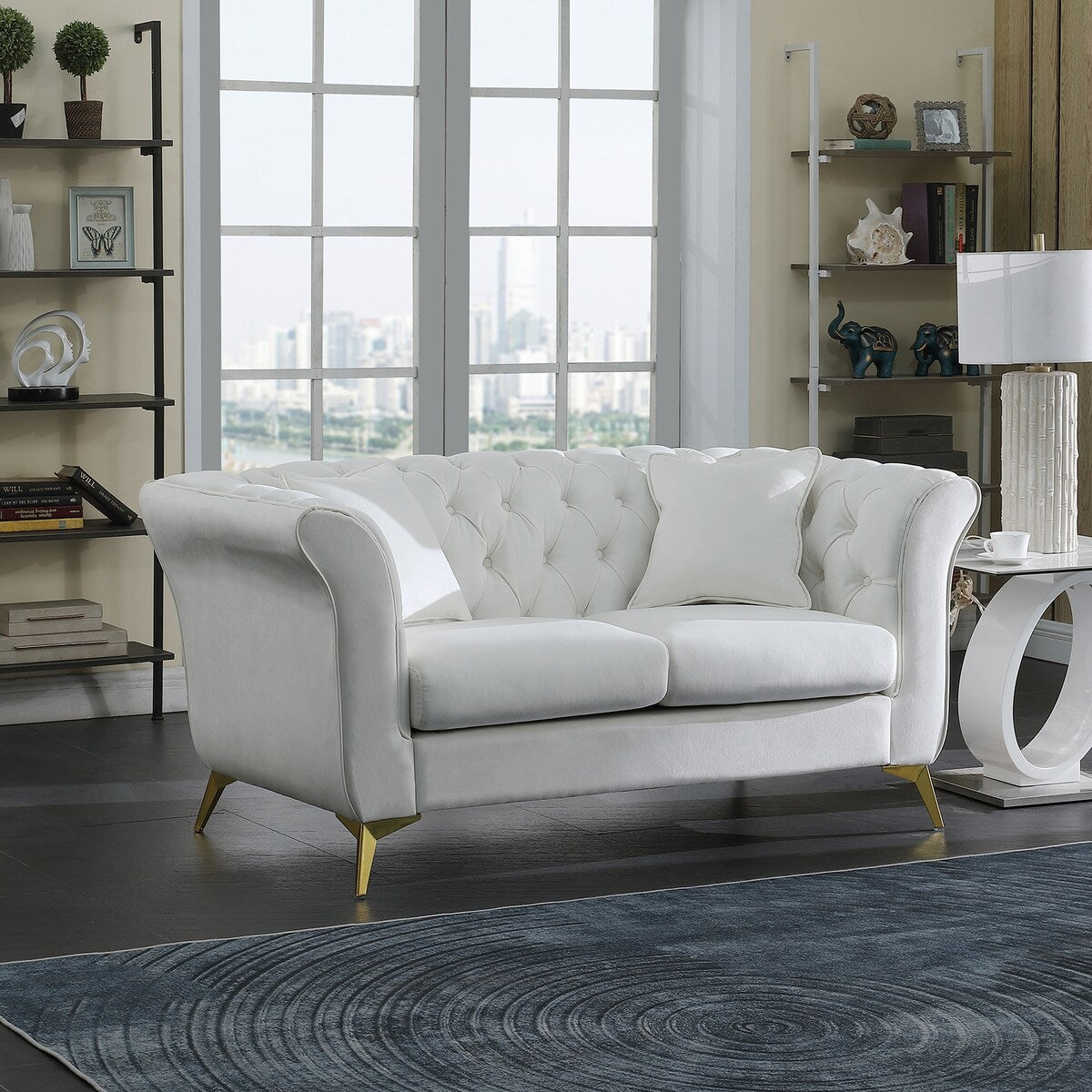Velvet Upholstered Loveseat Sofa, Living Room Tufted and Wrinkled Fabric Chesterfield Sofa with Scroll Arm & Scroll Back