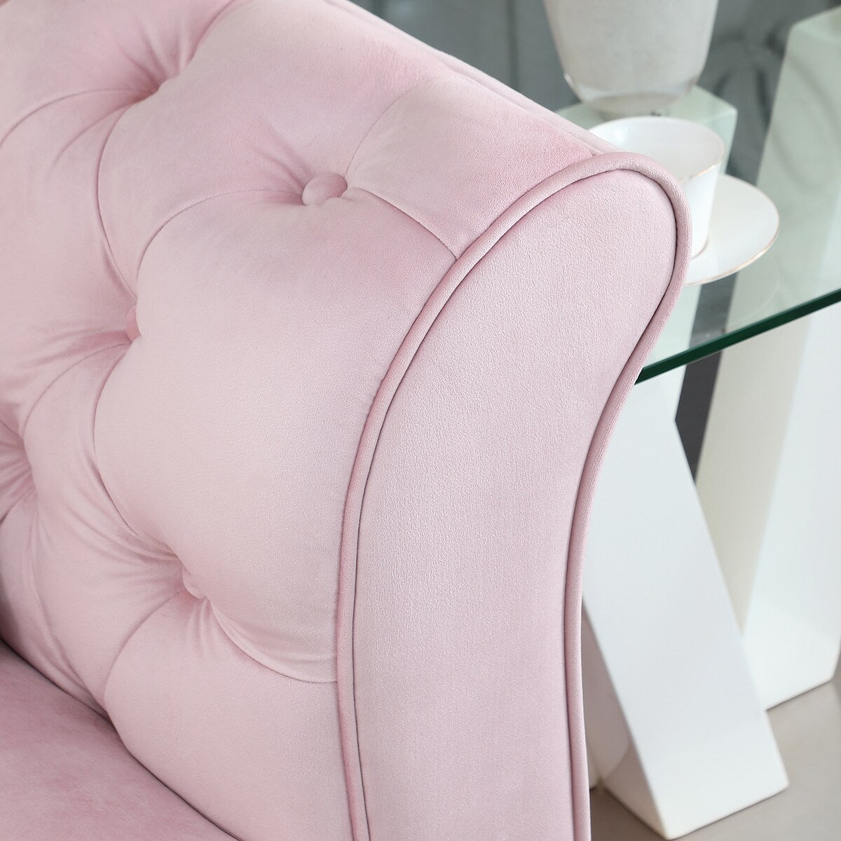 Velvet Upholstered Loveseat Sofa, Living Room Tufted and Wrinkled Fabric Chesterfield Sofa with Scroll Arm & Scroll Back