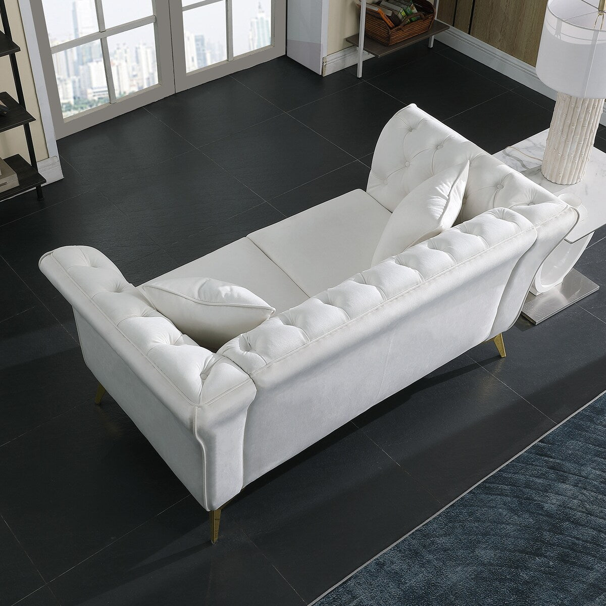 Velvet Upholstered Loveseat Sofa, Living Room Tufted and Wrinkled Fabric Chesterfield Sofa with Scroll Arm & Scroll Back