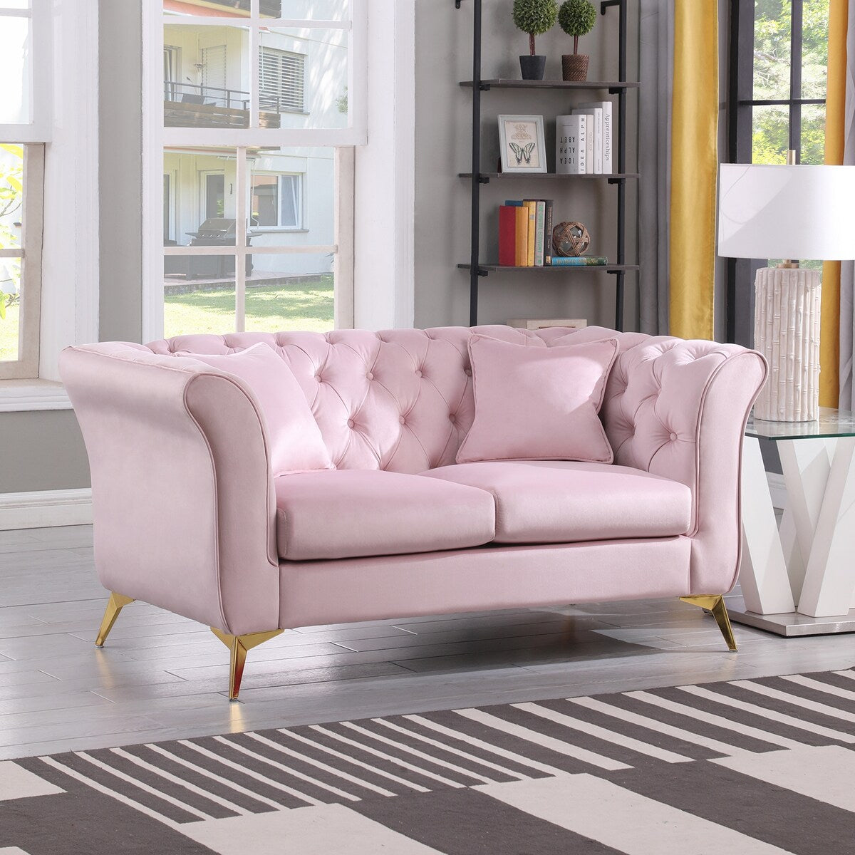 Velvet Upholstered Loveseat Sofa, Living Room Tufted and Wrinkled Fabric Chesterfield Sofa with Scroll Arm & Scroll Back