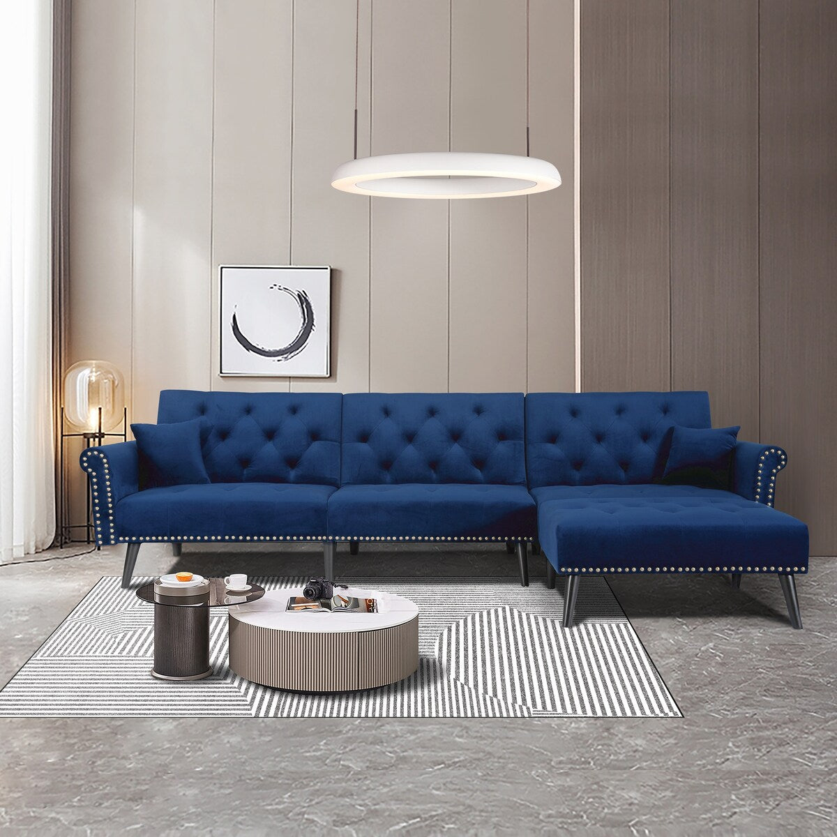 Velvet Upholstered Sectional Sleeper Sofa with Chaise, Sturdy Solid Wood Frame, Tufted Backres, Wood Feet, Rolled Armrests