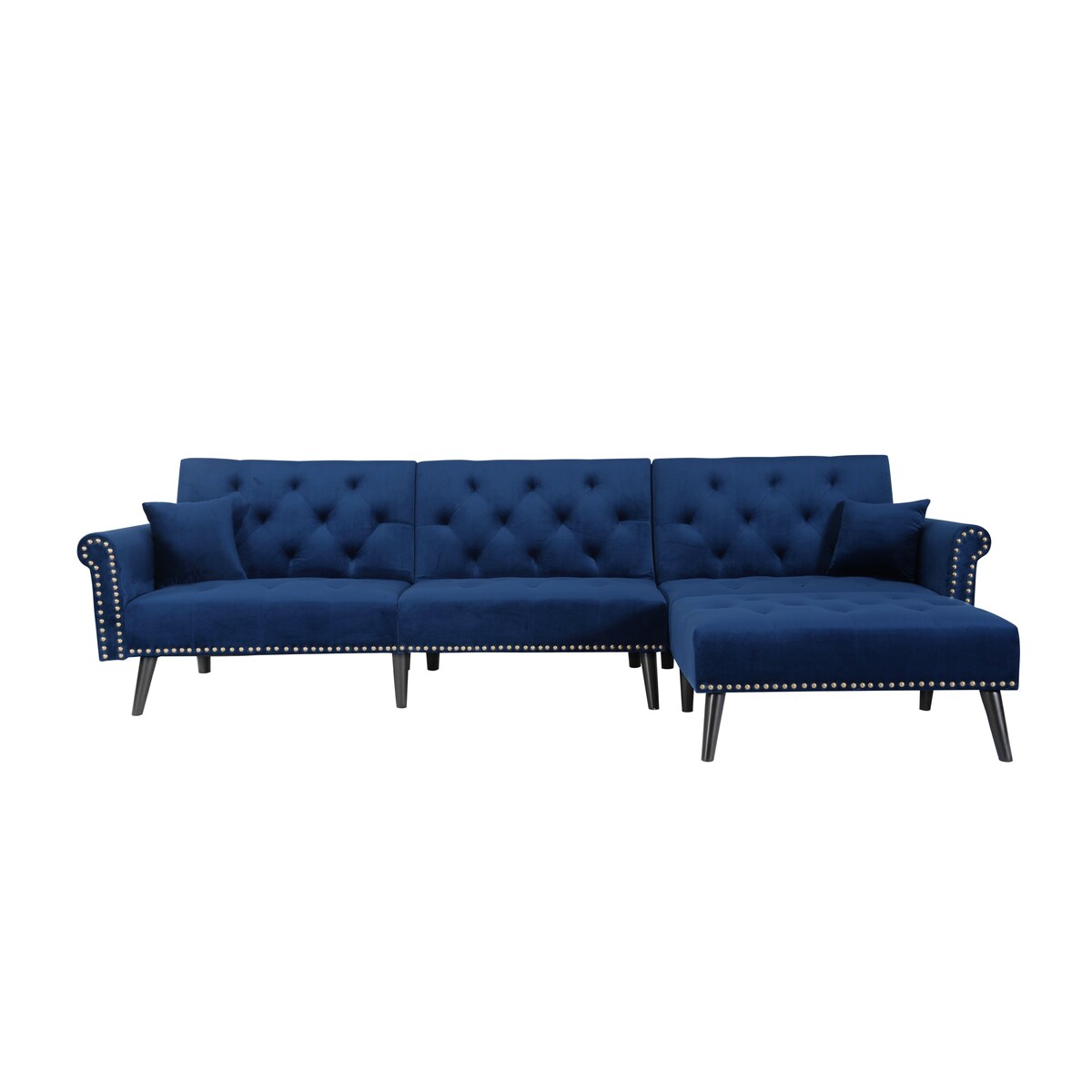 Velvet Upholstered Sectional Sleeper Sofa with Chaise, Sturdy Solid Wood Frame, Tufted Backres, Wood Feet, Rolled Armrests