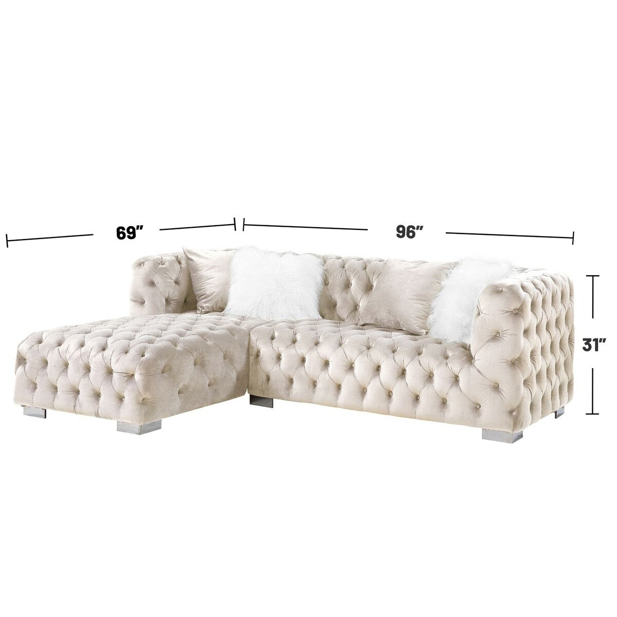 Velvet Upholstered Sectional Sofa with 4 Pillows