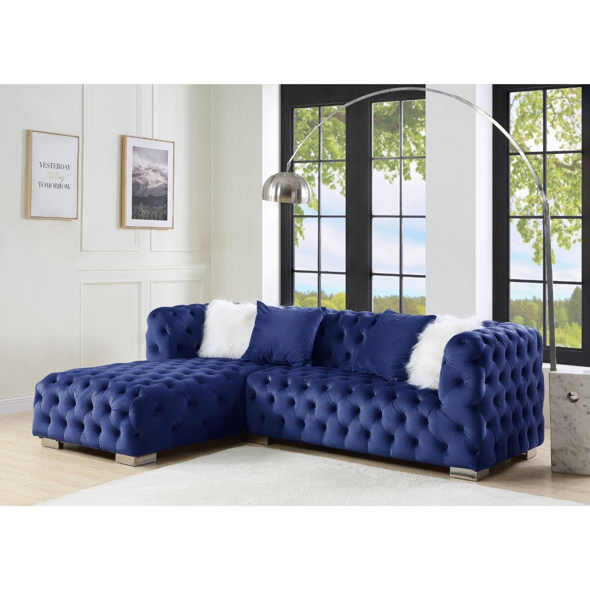 Velvet Upholstered Sectional Sofa with 4 Pillows
