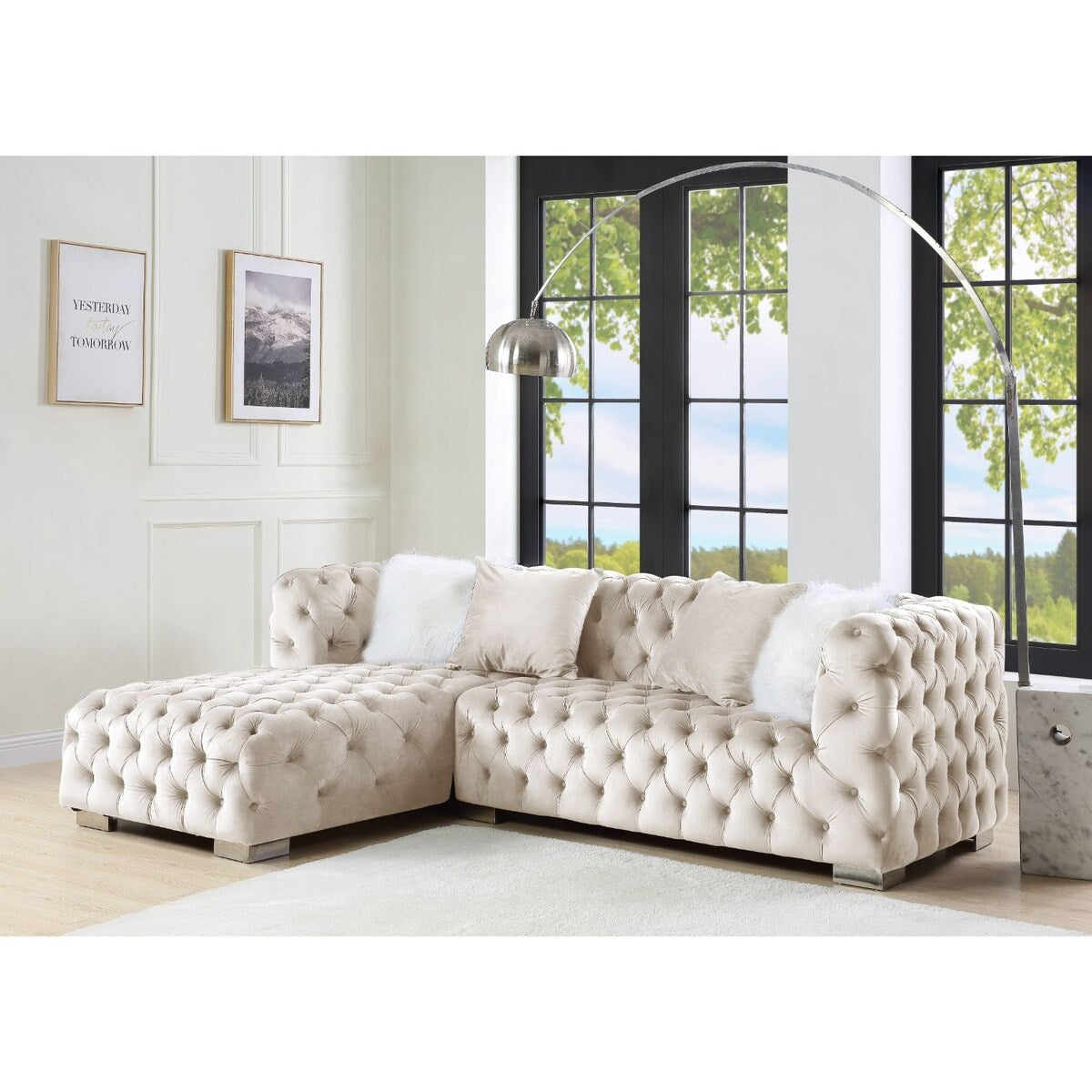 Velvet Upholstered Sectional Sofa with 4 Pillows