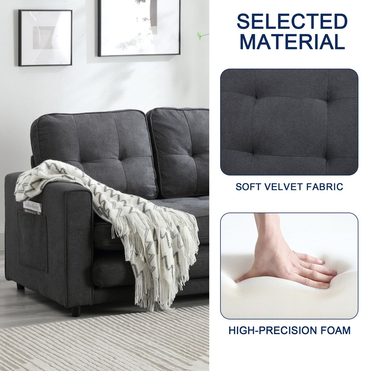 Velvet Upholstered Tufted Space saving Fold Sleeper Sofabed