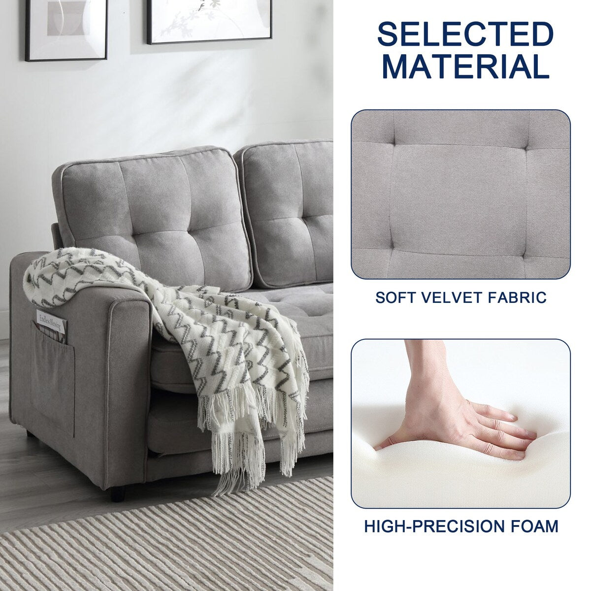 Velvet Upholstered Tufted Space saving Fold Sleeper Sofabed