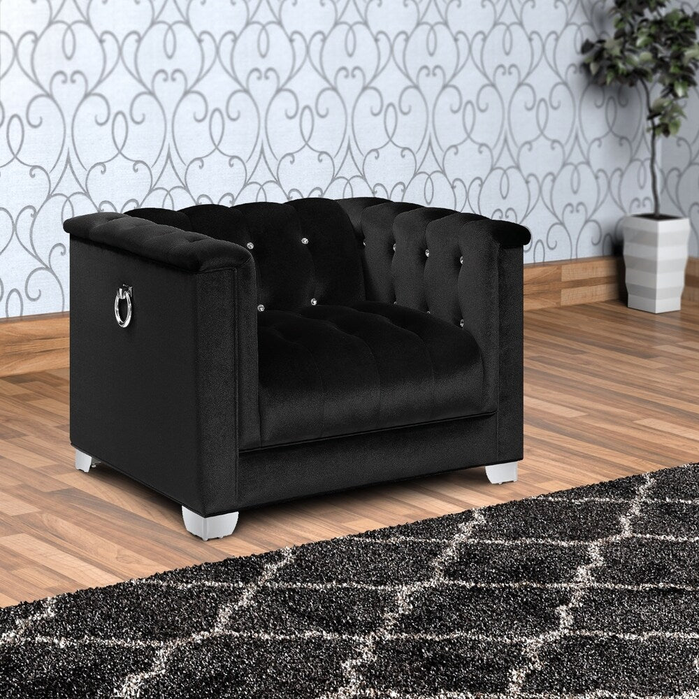 Velvet Upholstered Wooden Chair with Crystal Tufted Back, Black
