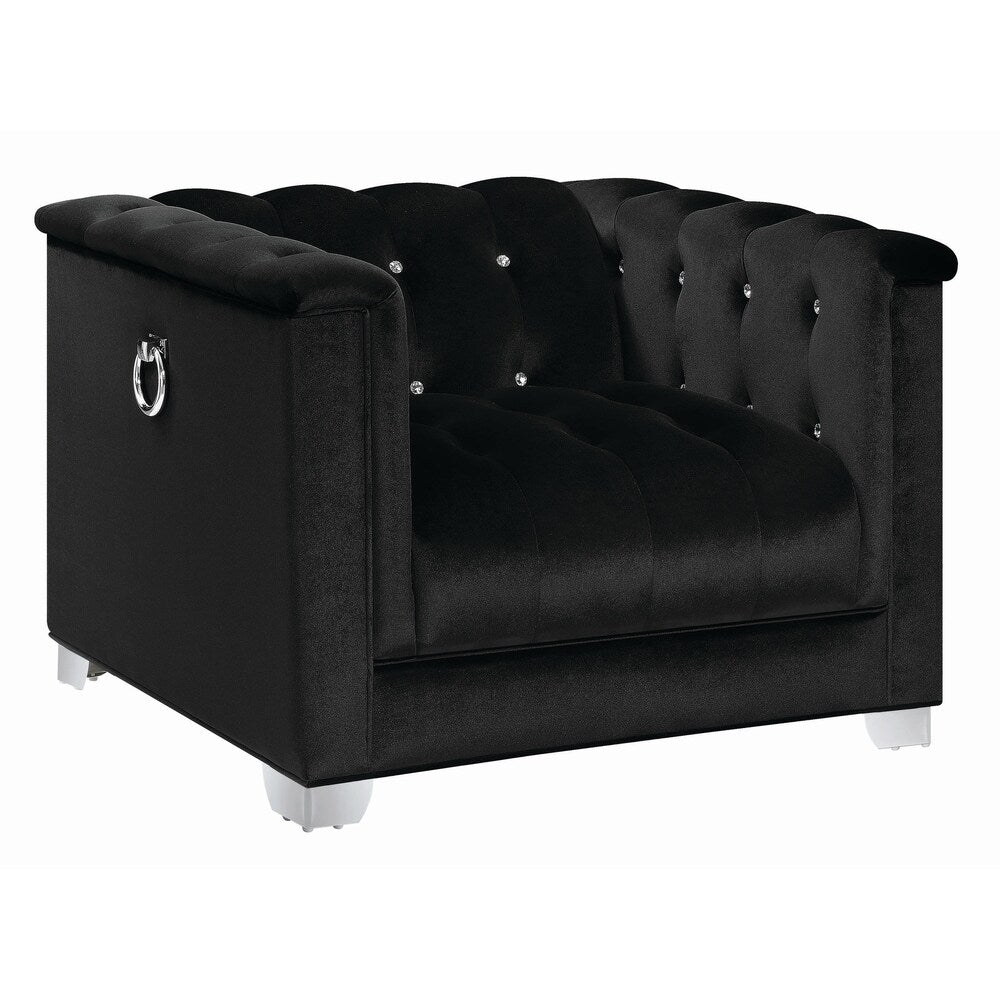Velvet Upholstered Wooden Chair with Crystal Tufted Back, Black