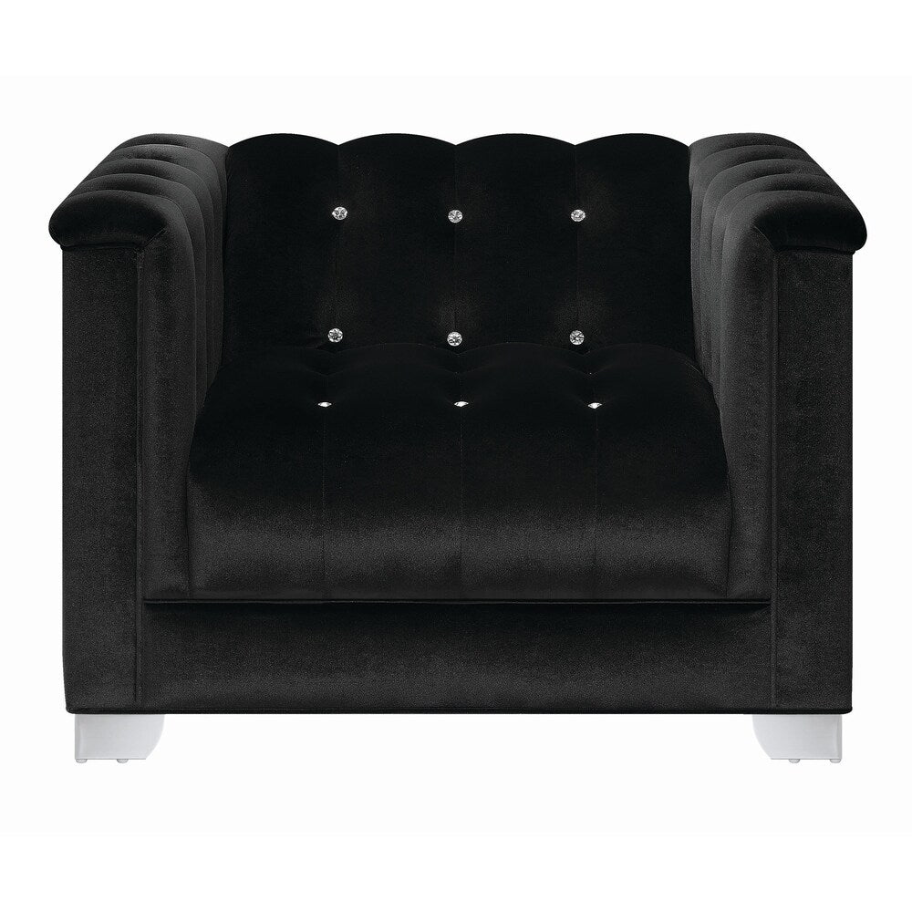 Velvet Upholstered Wooden Chair with Crystal Tufted Back, Black