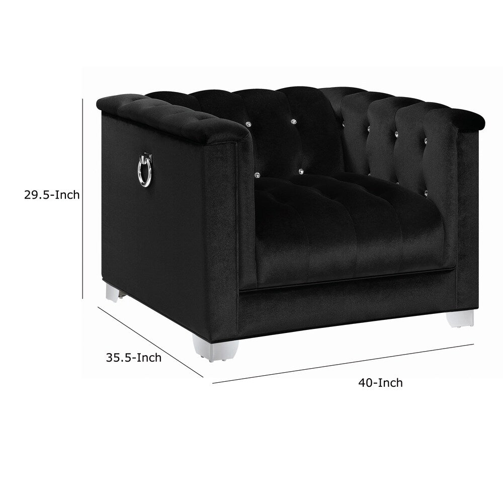 Velvet Upholstered Wooden Chair with Crystal Tufted Back, Black