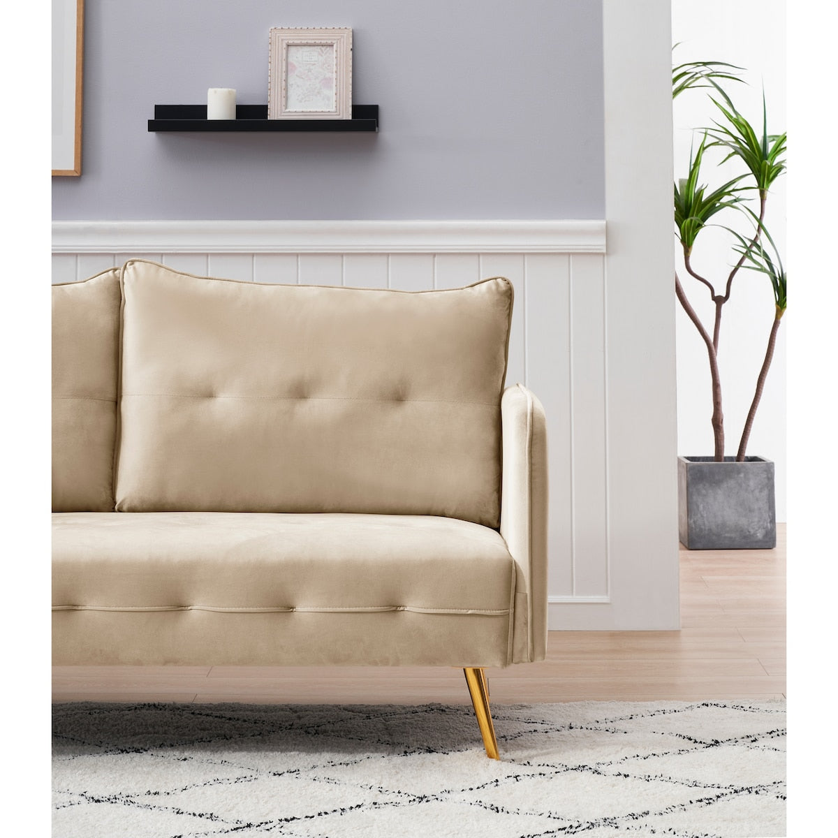 Velvet living room sofa. Rose gold sofa, metal feet