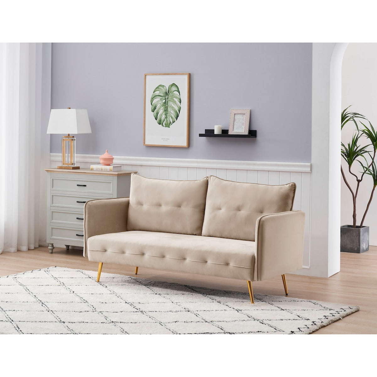Velvet living room sofa. Rose gold sofa, metal feet
