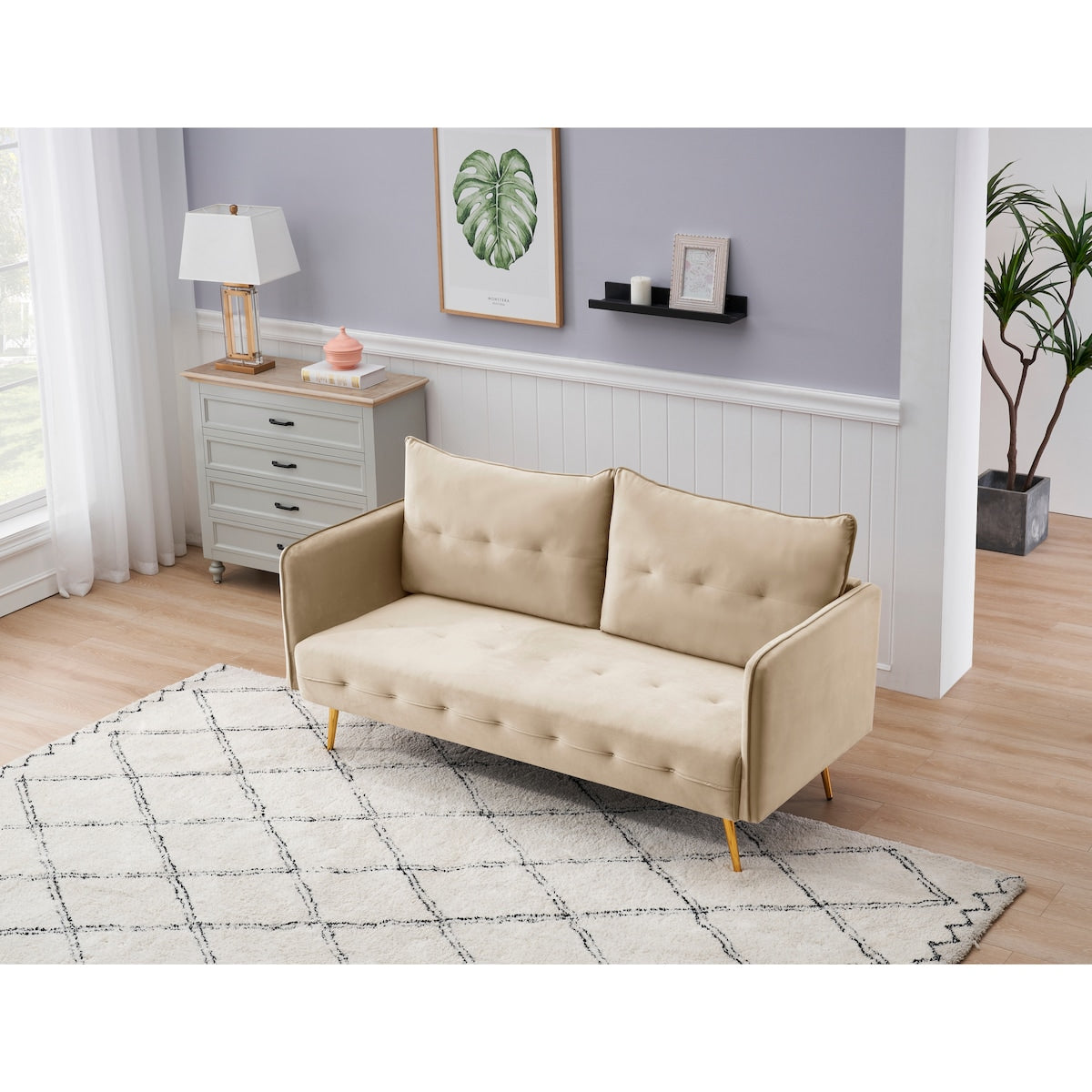 Velvet living room sofa. Rose gold sofa, metal feet