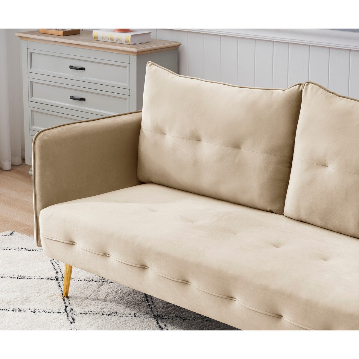 Velvet living room sofa. Rose gold sofa, metal feet