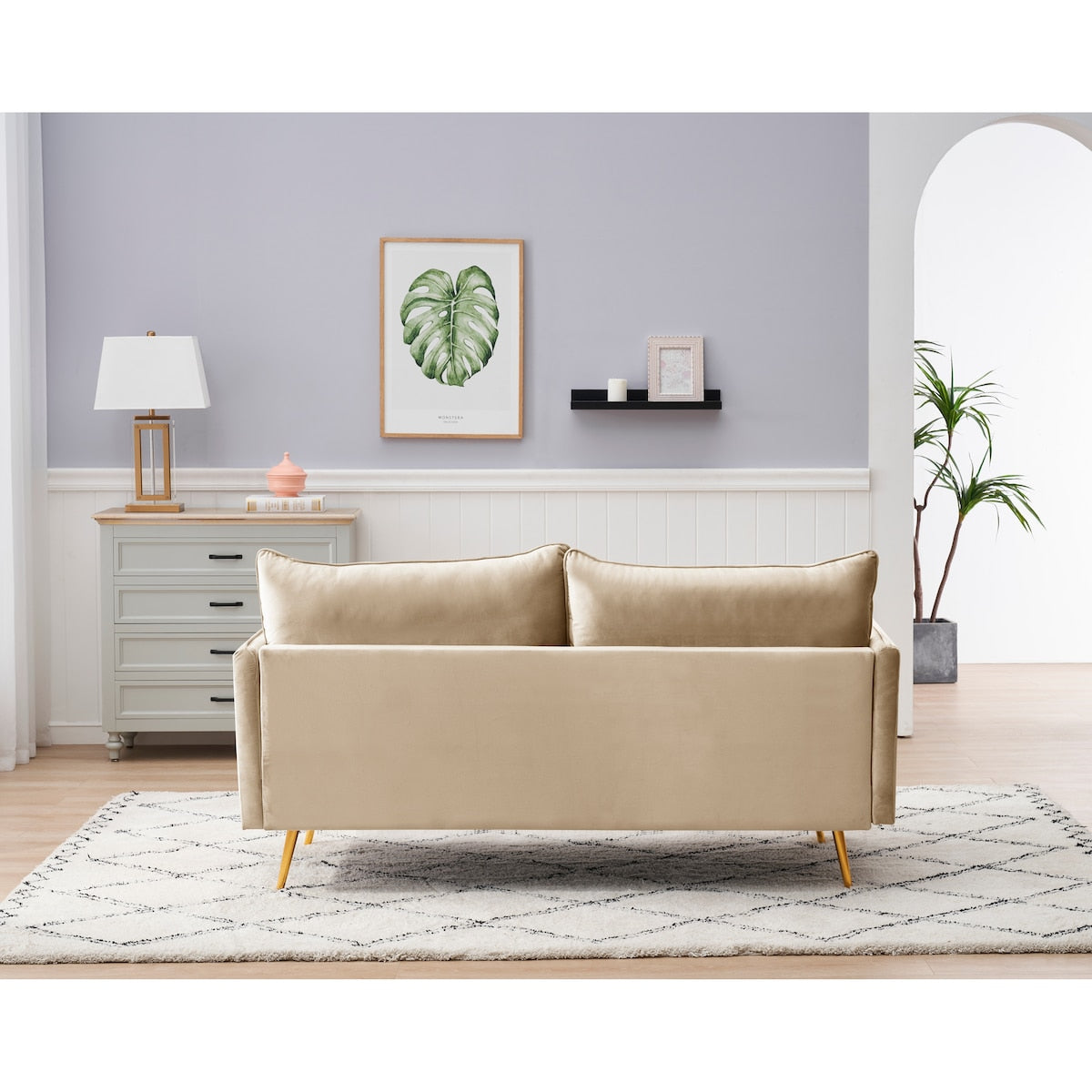 Velvet living room sofa. Rose gold sofa, metal feet