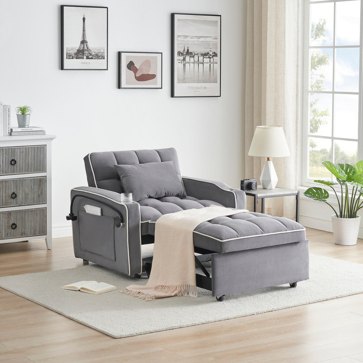 Velvet sofabed with side table,3-in-1 pull-out sofa with adjustable back,futon sofa,2 pockets,pillows,convertible single sofa