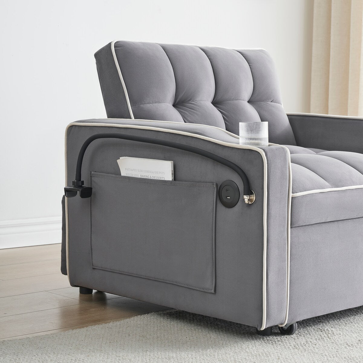 Velvet sofabed with side table,3-in-1 pull-out sofa with adjustable back,futon sofa,2 pockets,pillows,convertible single sofa