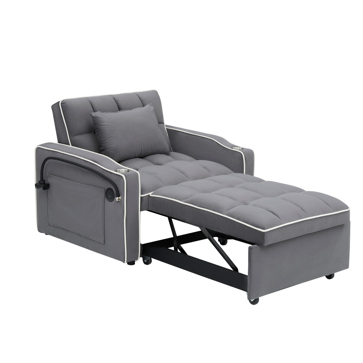 Velvet sofabed with side table,3-in-1 pull-out sofa with adjustable back,futon sofa,2 pockets,pillows,convertible single sofa