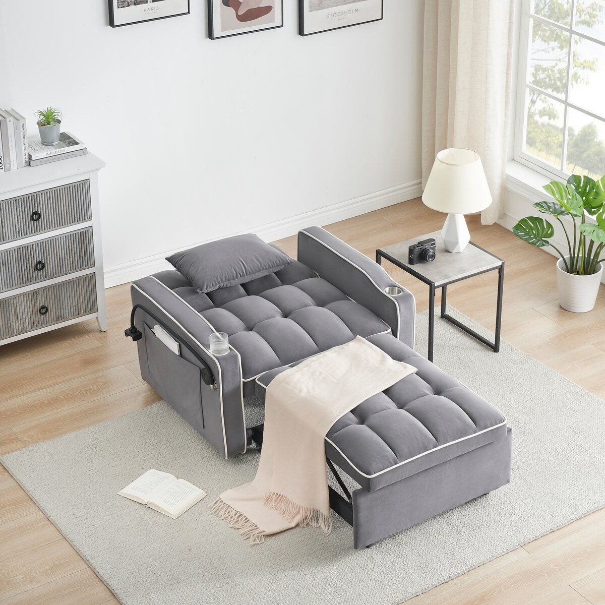 Velvet sofabed with side table,3-in-1 pull-out sofa with adjustable back,futon sofa,2 pockets,pillows,convertible single sofa