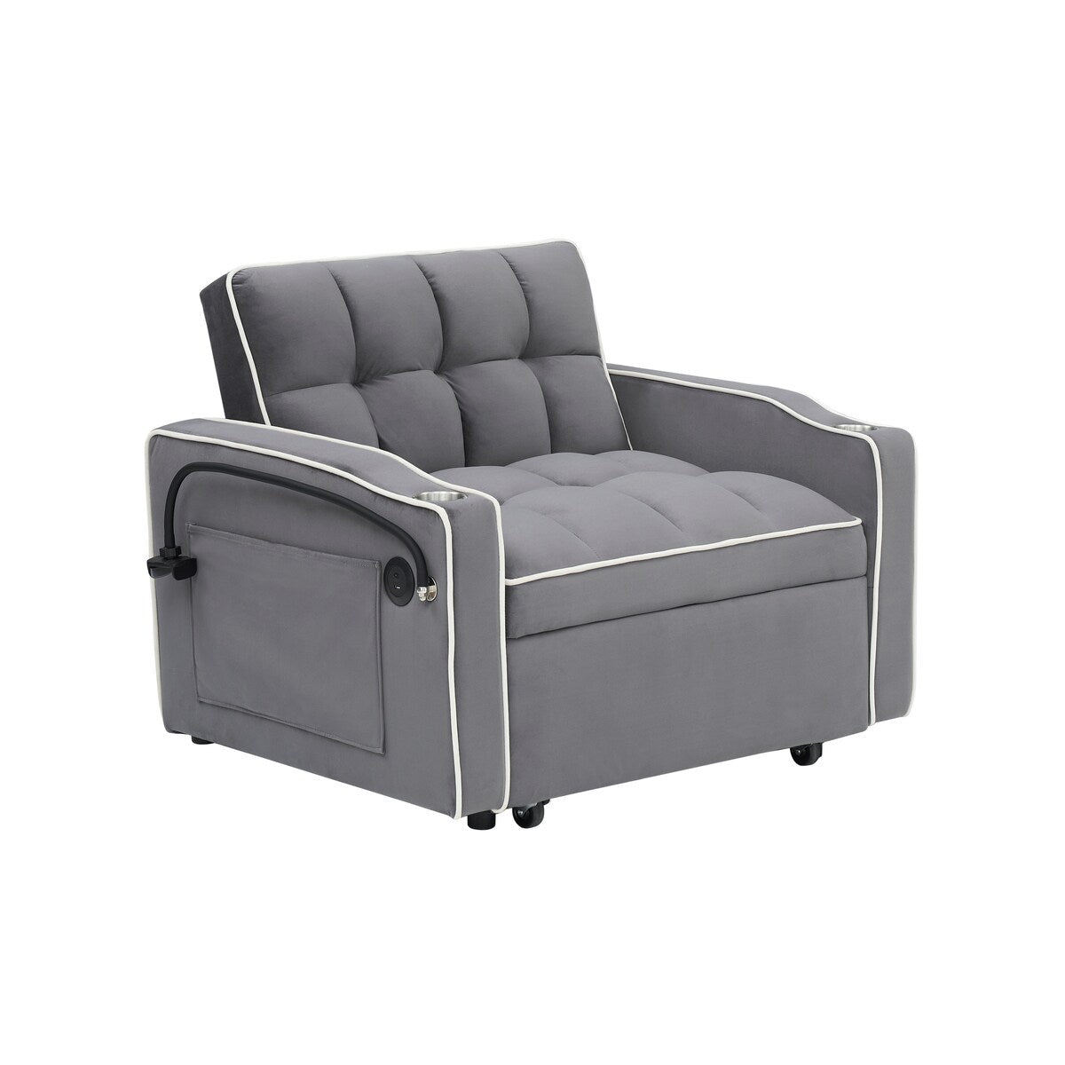 Velvet sofabed with side table,3-in-1 pull-out sofa with adjustable back,futon sofa,2 pockets,pillows,convertible single sofa